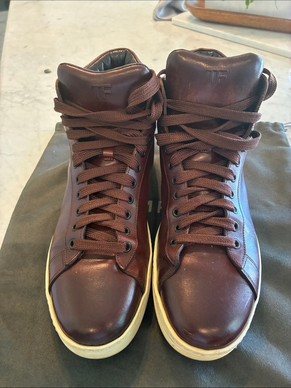 Tom Ford Dark Brown Leather High-Top Sneakers with Cream Sole